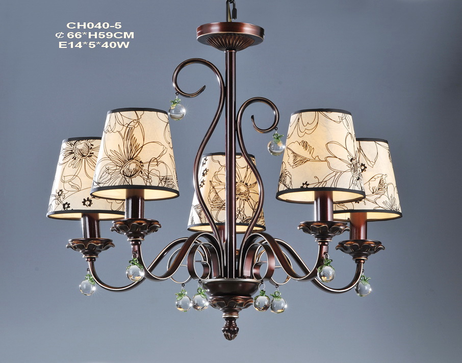 Outlet 5-Light Printed Cloth Art Cover Copper Chandeliers with Crystal Decoration