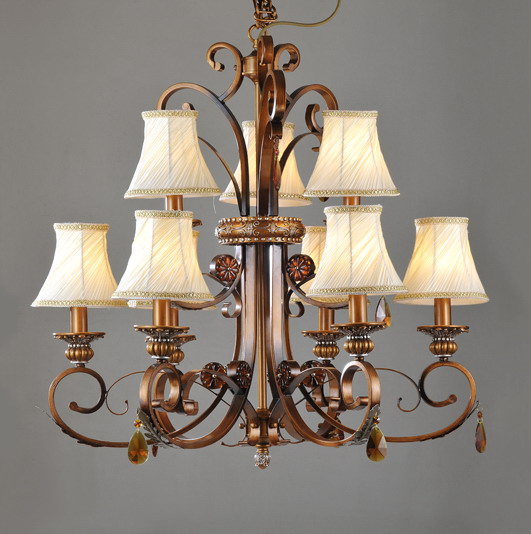 Best 9-Light Cloth Art Cover Copper Metal Antique Chandeliers with Amber Crystal