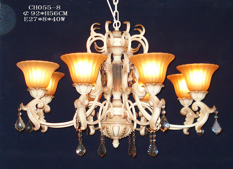 8-Light Amber Glass Cover Metal Antique Chandeliers with K9 Crystal Pendant