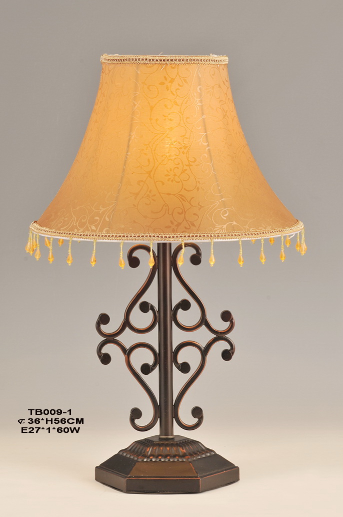 Typical European Table Lamps with Amber Printed Cloth Art Cover and Bronze Metal Body